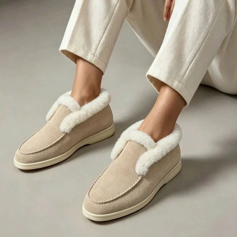 Mocasines de Piel, Zapatos Planos, Pantuflas de Ante para Mujer, Zapatos Casuales de Calidad 2026, Botas de Nieve de Lana para Mujer