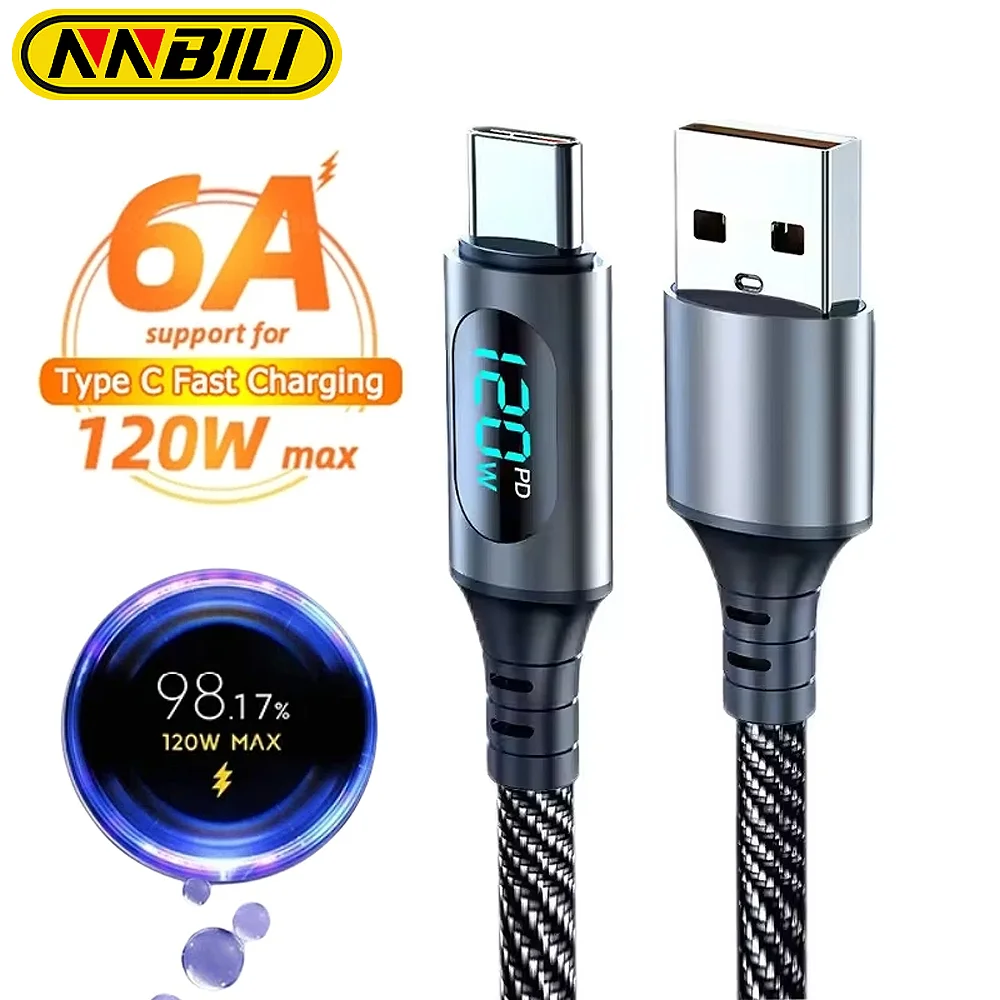 Cable de Carga Superrápida NNBILI 6A USB A a Tipo C de 120W, Cable de Datos de Nailon para Huawei POCO Samsung con Pantalla Digital LED