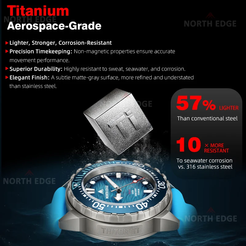 Reloj de buceo NORTH EDGE TRITON-TI de titanio y acero inoxidable, con energía solar, reloj de cuarzo de lujo para hombre, resistente al agua hasta 300 m, con más de 180 días de autonomía.