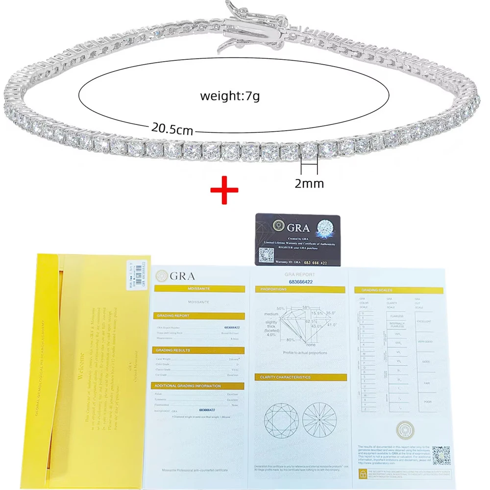 Pulsera de tenis Nuoya de moissanita de 2 mm, latón chapado en oro de 18k, diamante de laboratorio VVS con certificado GRA, para hombre y mujer, venta al por mayor
