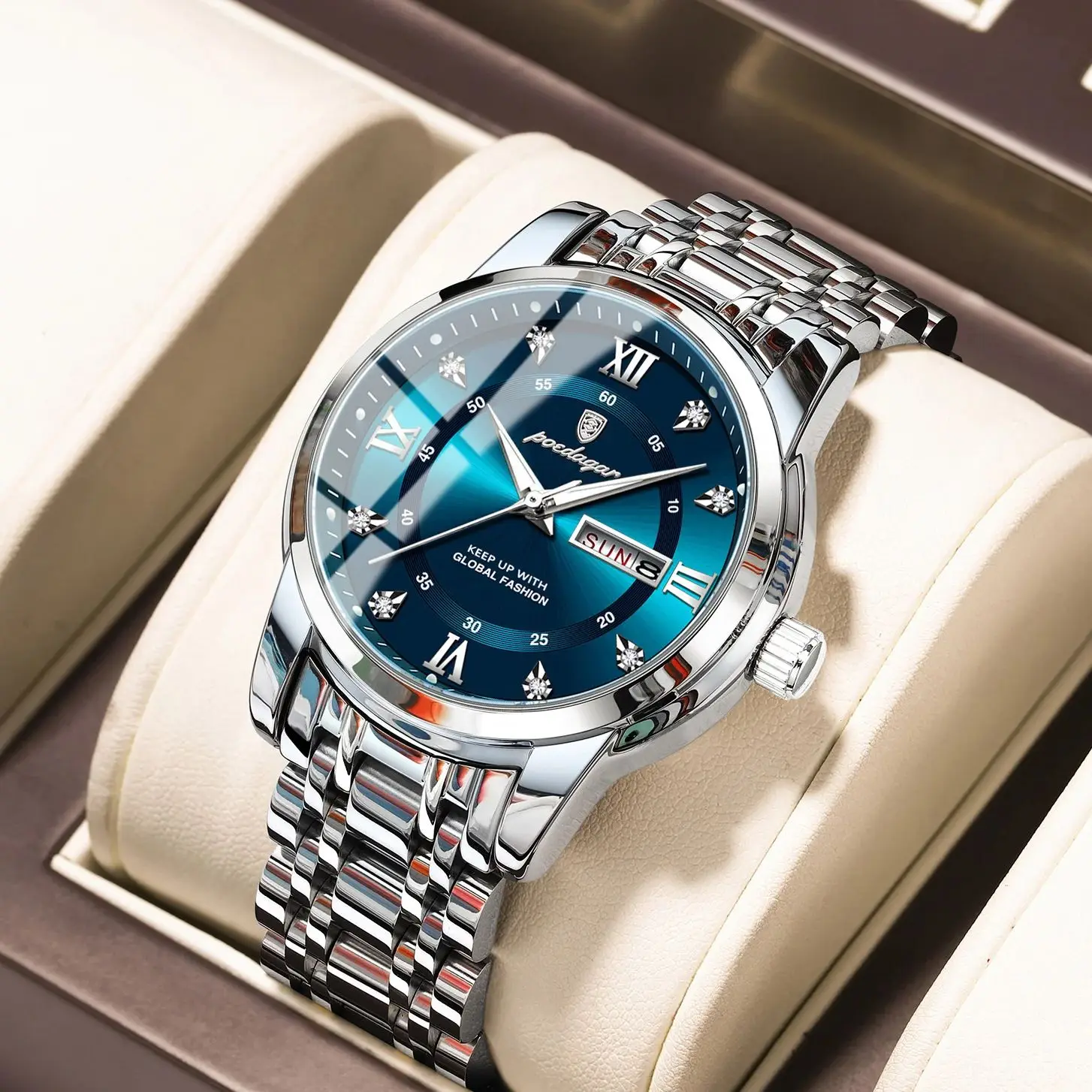Reloj de pulsera POEDAGAR de lujo a la moda para hombre, Reloj luminoso de acero inoxidable resistente al agua para hombre, relojes de cuarzo a la moda con fecha y semana para hombre
