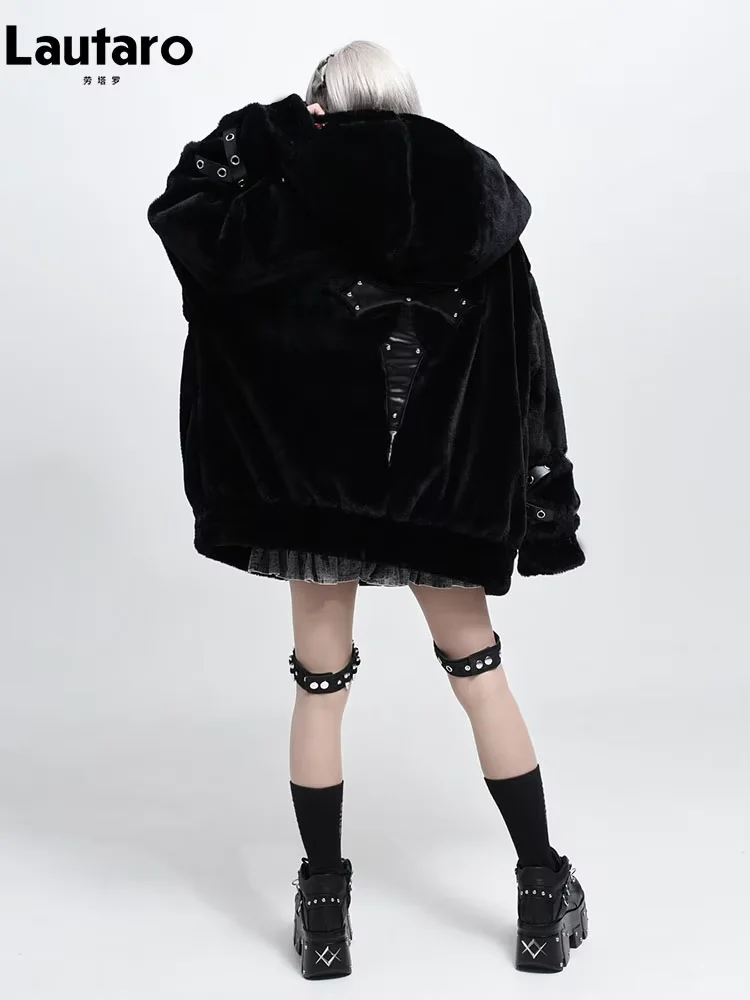 Abrigo de Piel Sintética Grueso y Cálido para Mujer, Otoño-Invierno, con Capucha y Cremallera, Estilo Japonés de Lujo, Punk Harajuku, Chaqueta Esponjosa 2026