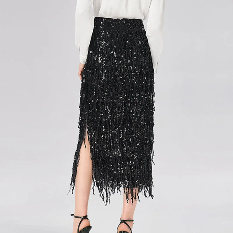 Faldas de noche brillantes con lentejuelas brillantes y purpurina, falda elegante de cintura alta con borlas divididas, falda Sexy de verano para mujer 2026