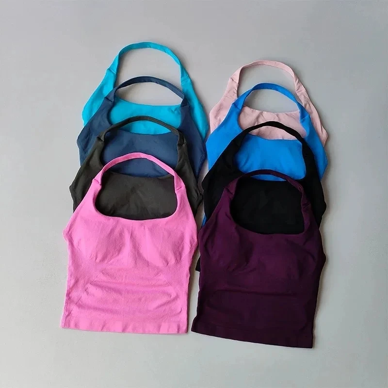 Camisetas sin mangas de Yoga con cuello Halter sin costuras para mujer, sujetador incorporado, Top acolchado para gimnasio, camisa sin mangas, ropa de entrenamiento ajustada con espalda descubierta