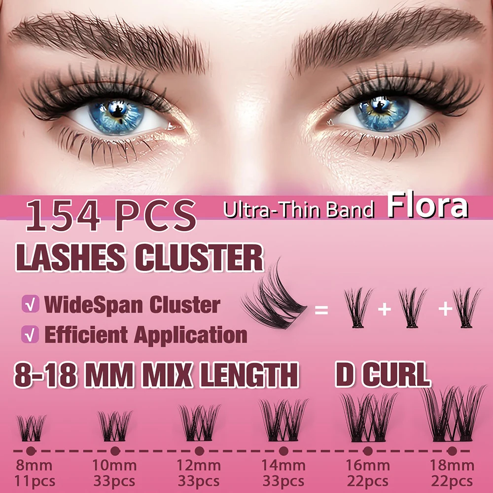 uCoolMe DIY extensión de pestañas Flora 0,05mm D Curl hecho a mano 8-18mm Natural ancho Span Wispy Lash Clusters mechones de pestañas postizas