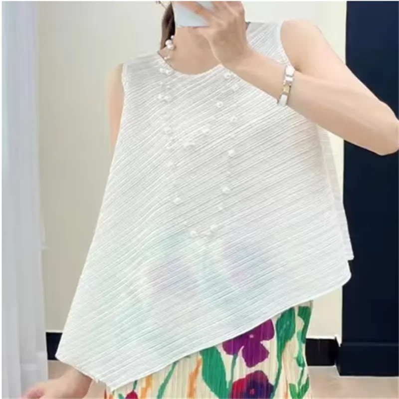 Miyake-Chaleco plisado elegante para mujer, camiseta adelgazante holgada Irregular, Top elegante, diseño chino Ins, presión con sentido, novedad de verano