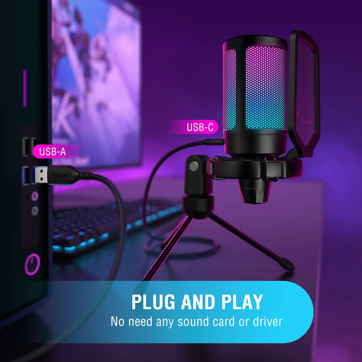 FIFINE Ampligame micrófono USB para transmisión de juegos con filtro Pop soporte de choque y Control de ganancia, Multi Compatible, para PC/PS4/5 -A6V