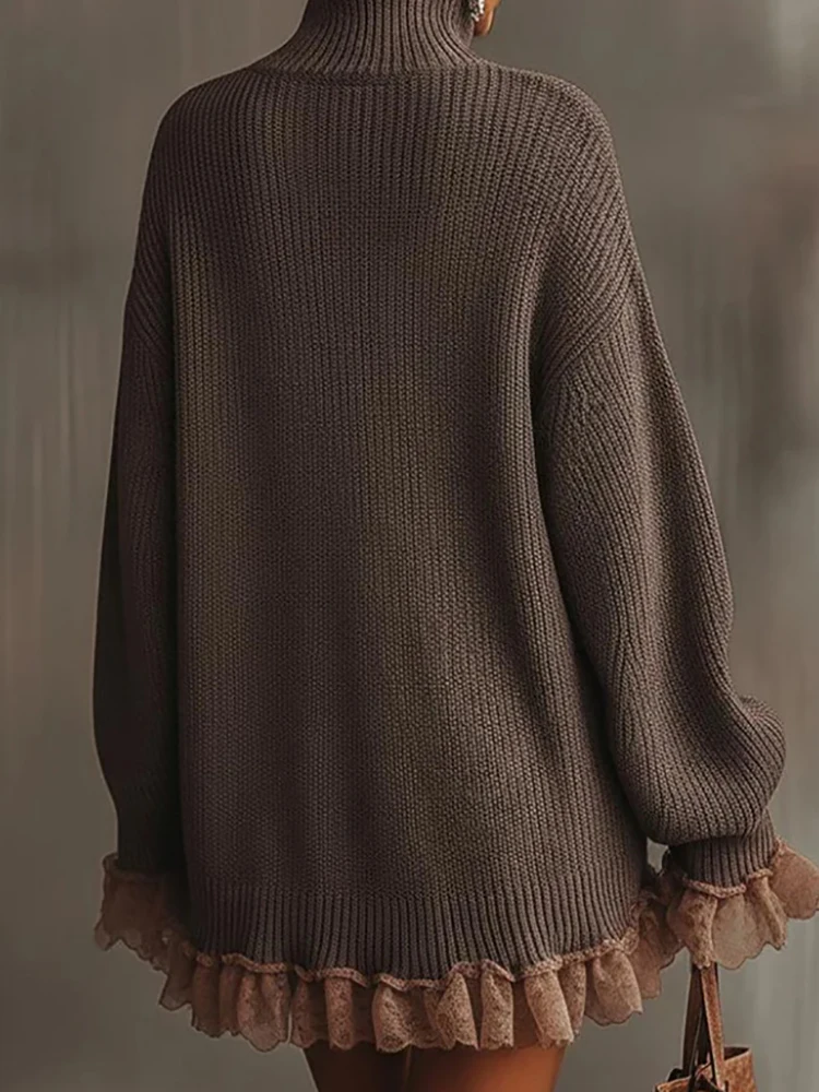 Vestido suéter sencillo con cuello alto para otoño e invierno, minivestido informal de retazos para mujer, vestido dulce de manga larga con pétalo para mujer
