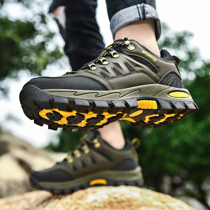 HIKEUP-zapatos de senderismo al aire libre para hombre y mujer, zapatillas deportivas de cuero de alta calidad, talla grande, Otoño e Invierno