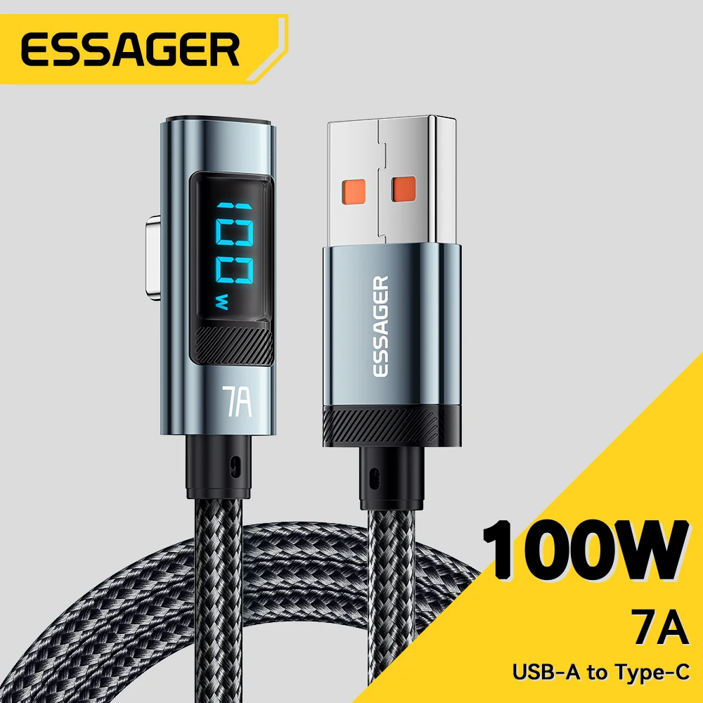 Essager 7A 100W Cable USB C carga rápida pantalla Digital codo tipo C Cable para Huawei Mate60 Pro Xiaomi Samsung Vivo Cable de datos