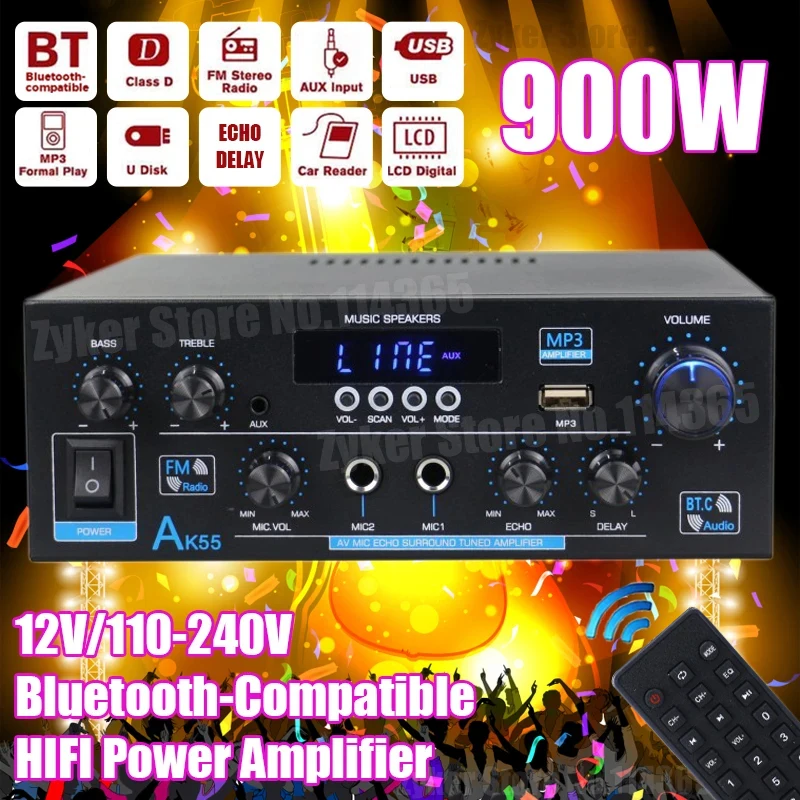 Amplificadores de sonido AK35/AK45/AK55 amplificador Digital Bluetooth para Karaoke de coche en casa amplificador estéreo HiFi de 2 canales FM Control remoto USB
