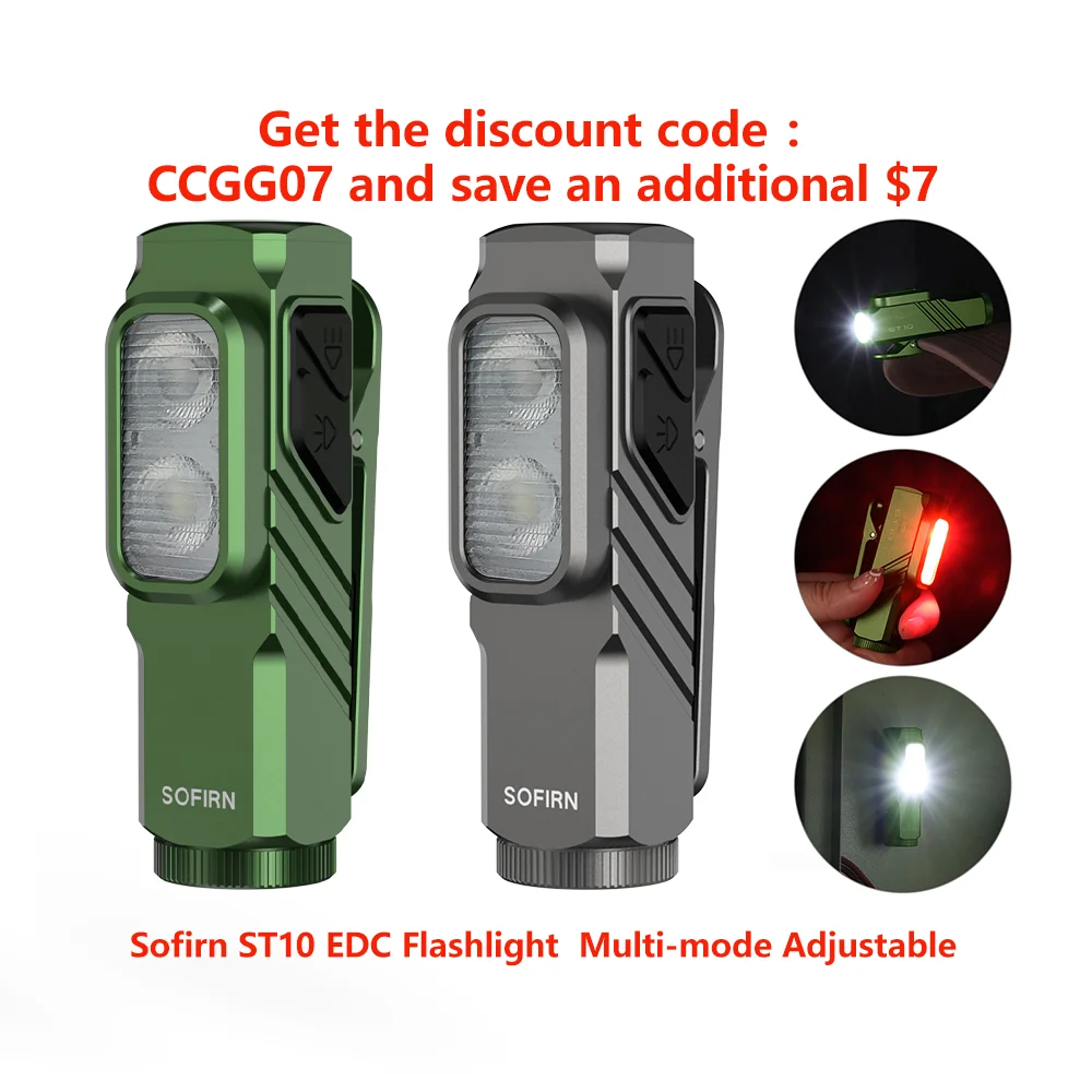 Linterna EDC SOFIRN ST10 de 1000LM, Recargable por USB-C, Batería 14500, Resistente al Agua, Luz Roja, Clip Magnético para la Parte Trasera, para Camping y Senderismo
