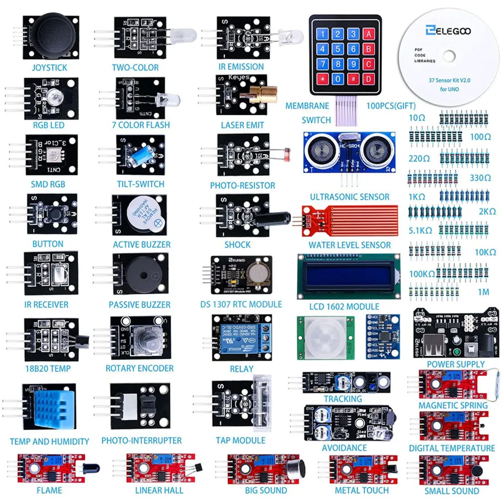 Kit de Módulos de Sensores ELEGOO Mejorado 37 en 1 con Tutorial, Compatible con Arduino ®   IDE — para UNO R3, MEGA, Nano DIY Electronic K
