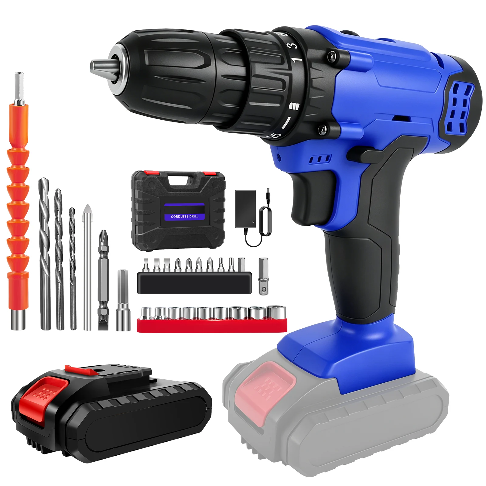 Taladro Inalámbrico de 21V, Kit de herramientas de destornillador eléctrico con ajuste de torsión 25 + 1, 2 velocidades variables, 29 accesorios de piezas, luz LED de trabajo