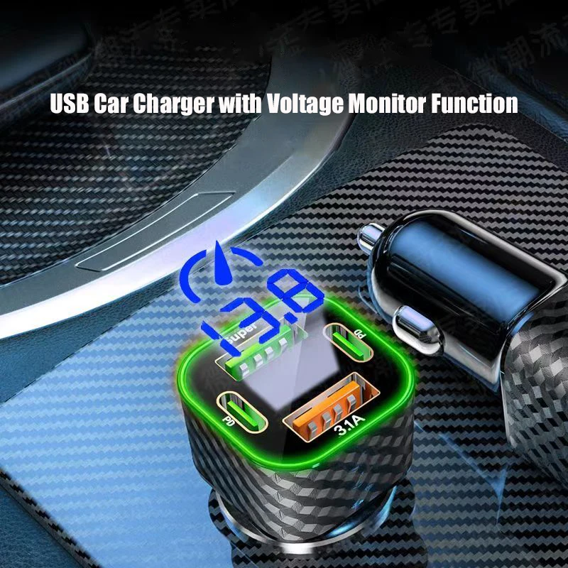 UYUXIO USB C Cargador de teléfono para automóvil Dual PD 4 en 1 con pantalla de voltaje Adaptador de carga súper rápida para iPhone Xiaomi Oppo Vivo Samsung