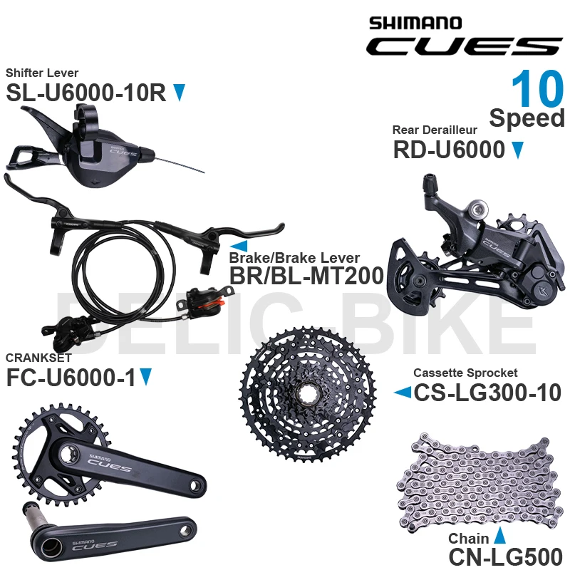 SHIMANO-CUES U6000 Groupset, SL-U6000-10R, RD-U6000, FC-U6000-1, CS-LG300, CS-LG400, MT200, freno de disco, piezas originales