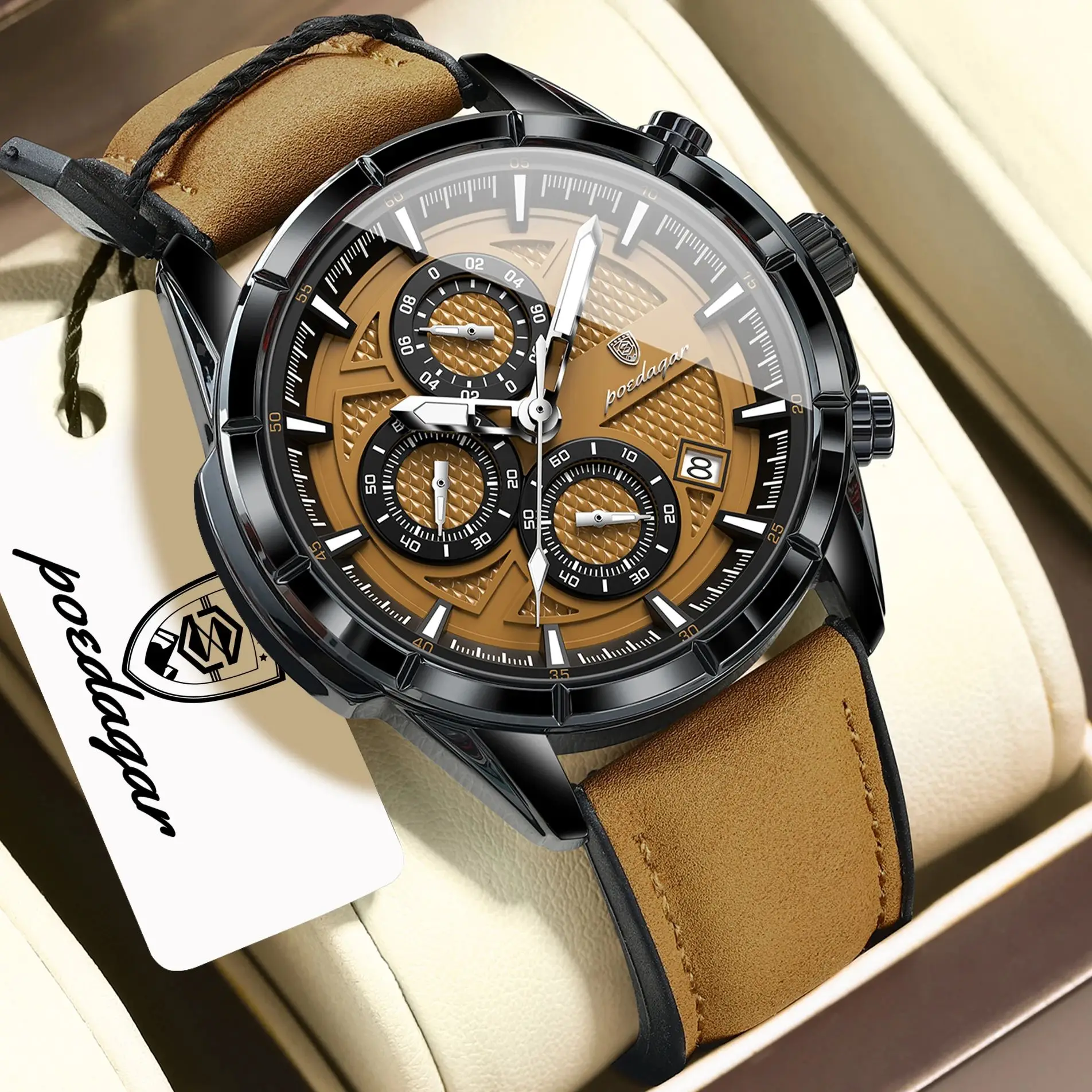 Reloj de Pulsera POEDAGAR Vintage para Hombre, Reloj de Cuarzo de Moda con Correa de Cuero, Fecha, Cronógrafo, Luminoso, Resistente al Agua, para Hombre de Negocios