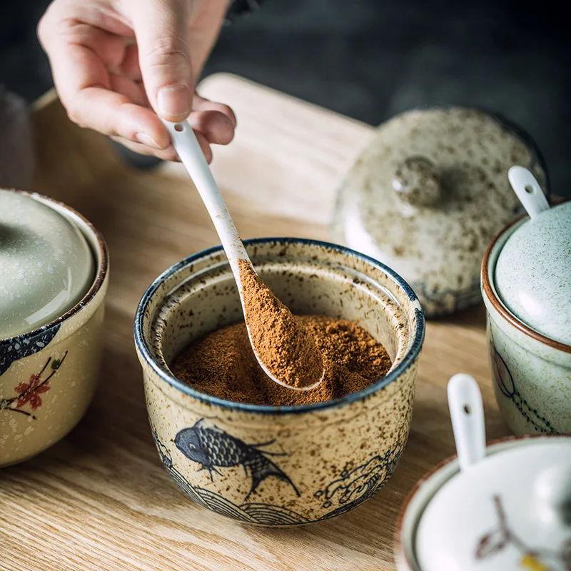 Tarro de cerámica para condimentos con tapa y cuchara, tarros de especias de cocina para sal, azúcar, pimienta y té, caja de almacenamiento de condimentos de estilo japonés, 1 Uds.