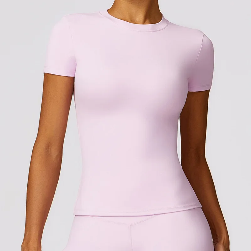 Camiseta deportiva para mujer, camiseta de verano de manga corta para correr, cuello redondo, transpirable, elástica, para gimnasio, Yoga, Fitness, Top activo