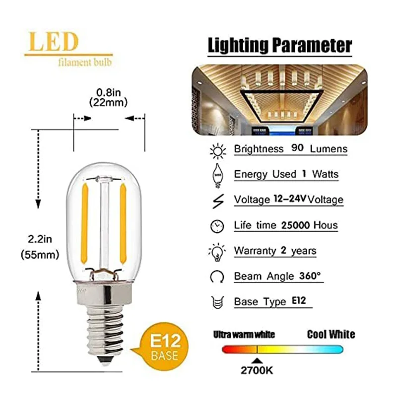 Bombilla LED Genixgreen DC 12V 24V E14 T22 1W de bajo voltaje, bombilla tubular de filamento, lámpara LED tipo candelabro E12, luces para habitaciones de autocaravanas y locomotoras.