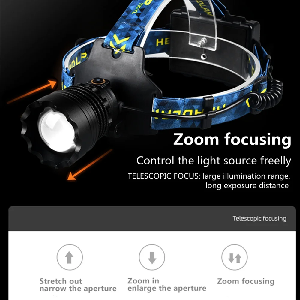 Linterna frontal de alta potencia con 4 LED, foco de largo alcance, lámpara frontal con Zoom telescópico, luz fuerte para acampar al aire libre y pescar