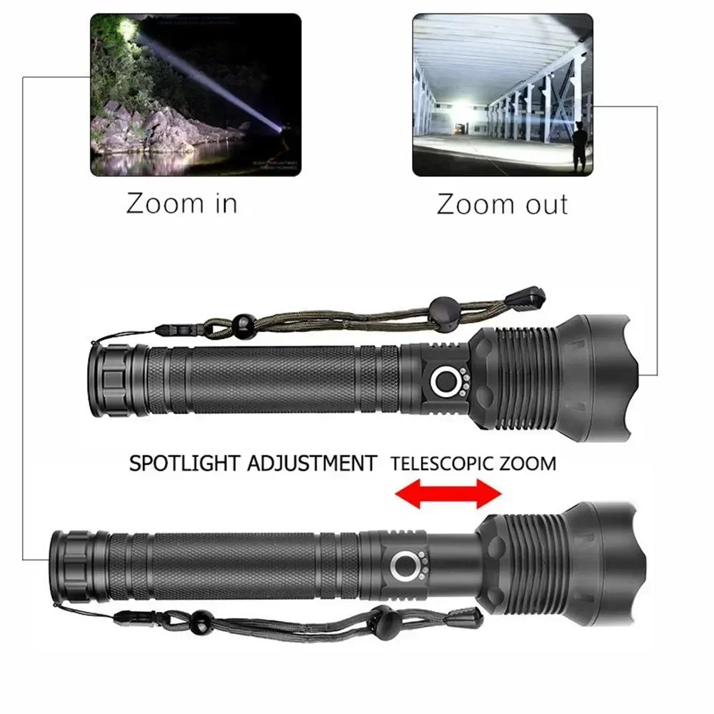 Linterna Táctica LED Recargable Súper Brillante con Zoom, Potente Linterna USB XHP70.2, Linterna XHP70 con Batería 18650 o 26650, Lámpara de Campamento