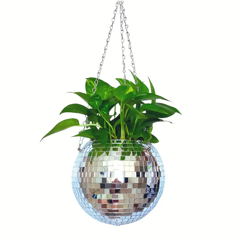 Macetero de bolas de espejo de discoteca colgante de inspiración bohemia, único, hecho a mano, autorriego, ahorro de espacio, decoración elegante para el hogar, 1 ud.