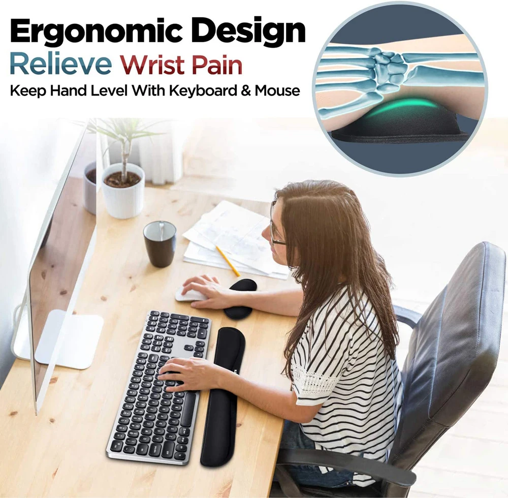 Alfombrilla de ratón con reposamuñecas para teclado, juego de alfombrillas de teclado de espuma viscoelástica con soporte para muñeca, alfombrilla de ratón ergonómica para juegos de oficina, PC y portátil