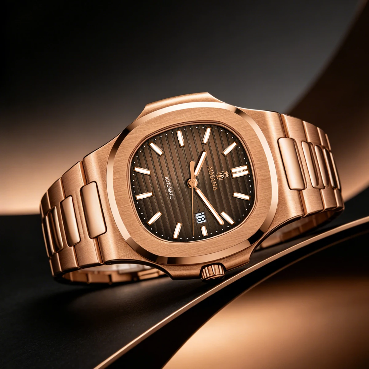 Reloj automático AIMANA de lujo para hombre, correa de acero inoxidable, resistente al agua, calendario luminoso con fecha, estilo Nautilus, color oro rosa, para negocios