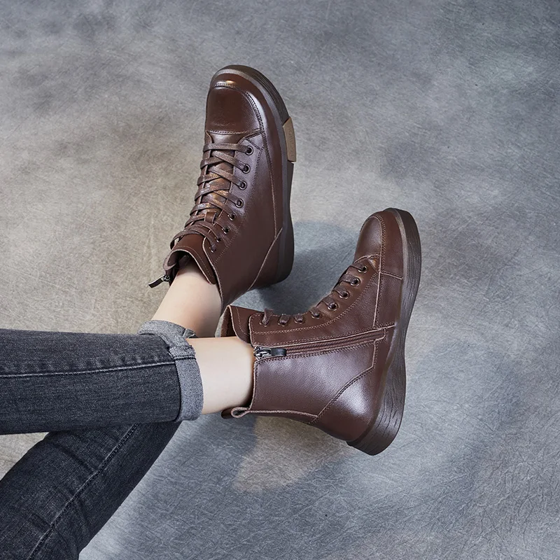 DRKANOL, botas cortas de cuero genuino para mujer, punta redonda, cuero genuino, hecho a mano, estilo callejero Retro, botines planos cálidos de invierno