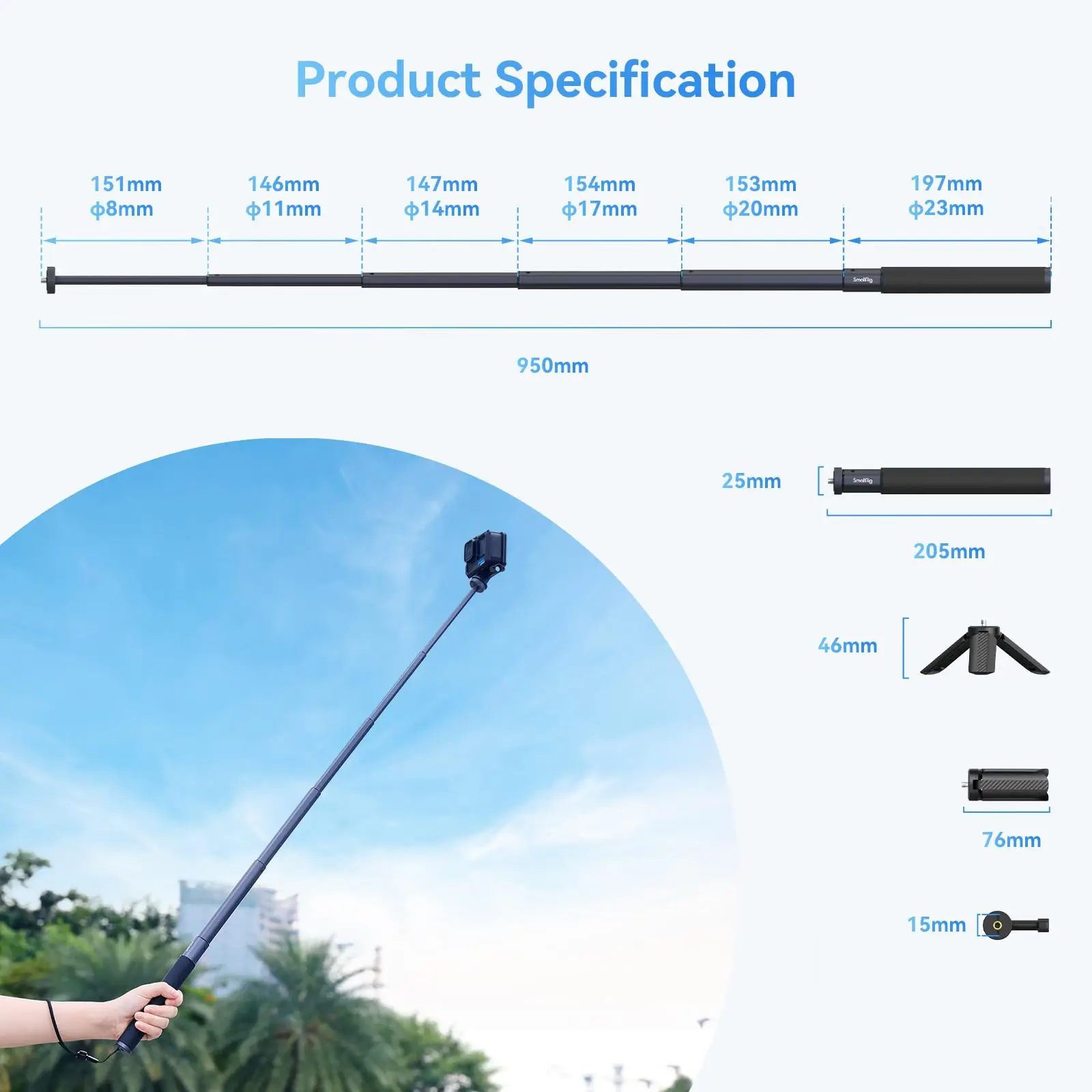 Soporte de palo de Selfie SmallRig para cámaras de acción para poste extendido portátil Insta360 para GoPro Hero 12 10 para DJI Action3/4 5403