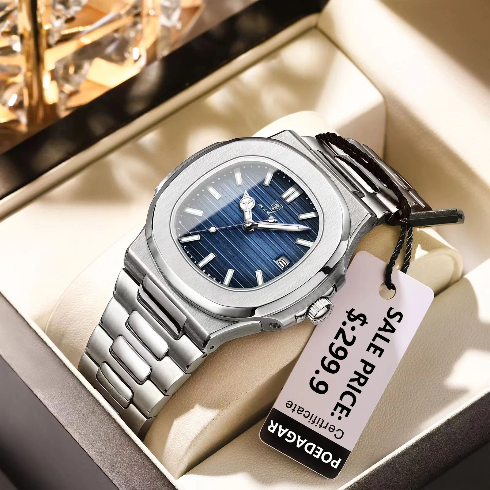 POEDAGAR, reloj cuadrado de cuarzo a la moda para hombre, relojes de acero inoxidable con fecha luminosa resistente al agua para hombre, reloj de pulsera de lujo para hombre de negocios