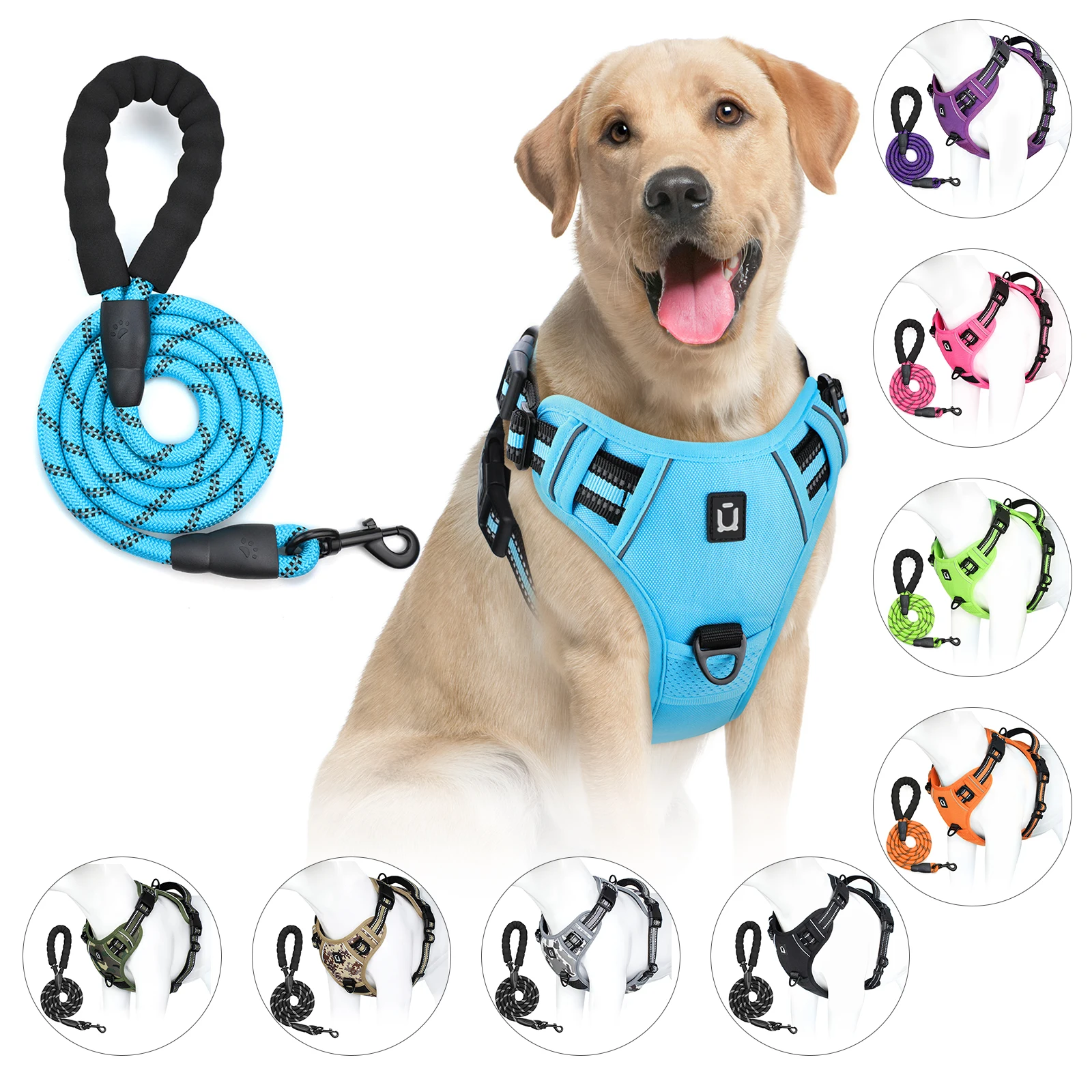 Combo de arnés y correa para perros, arnés de chaleco sin tracción a prueba de escape, con correa de 5 pies, arnés acolchado suave ajustable reflectante para mascotas