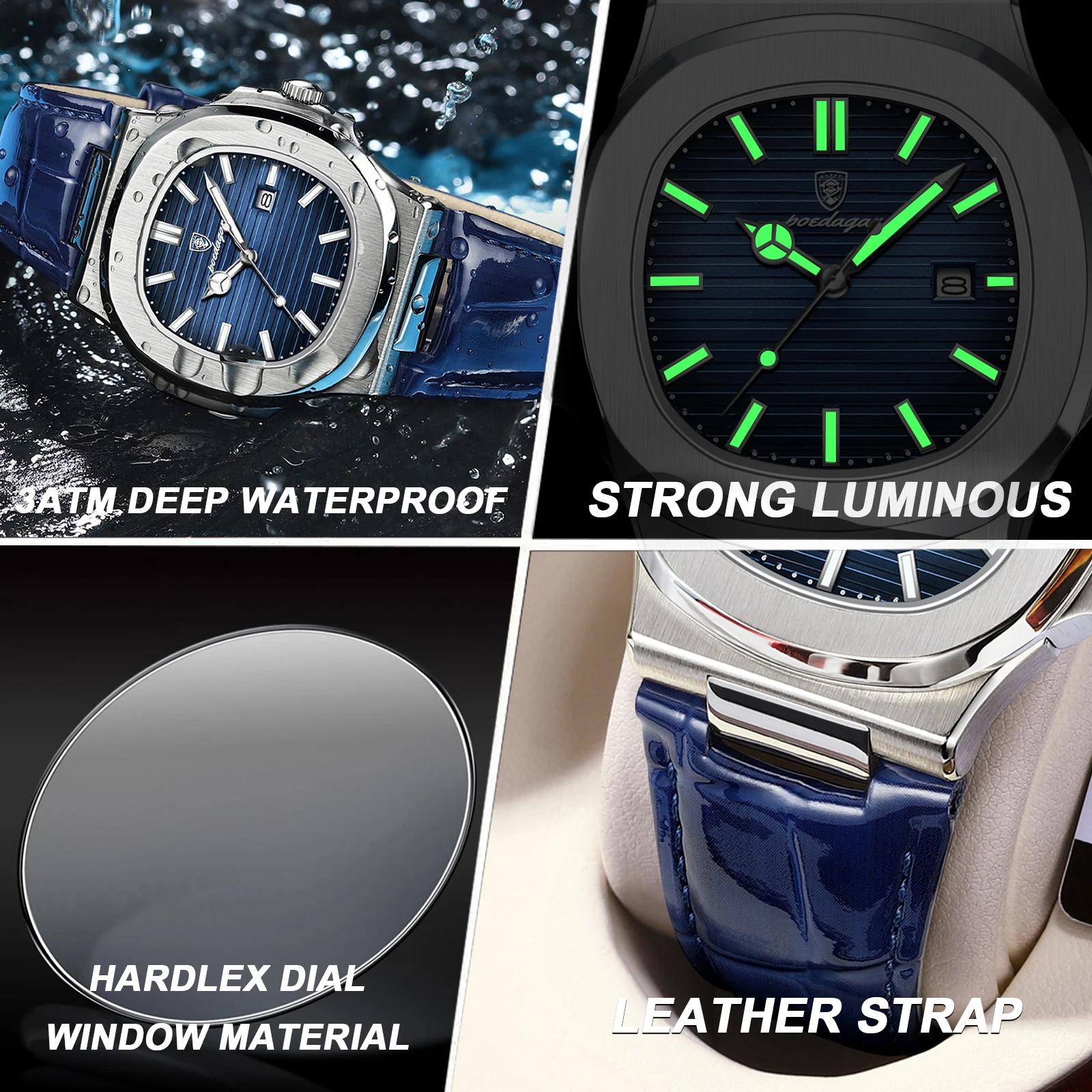 POEDAGAR Reloj cuadrado superior para hombre con fecha resistente al agua luminoso Reloj de pulsera de lujo para hombre relojes de cuarzo de cuero de alta calidad para hombre + Reloj con caja