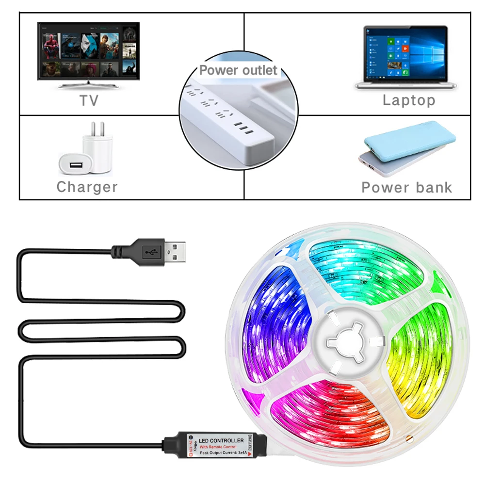 Tira de luces LED 5V1-5M RGB con USB 24 teclas Control remoto por infrarrojos para cambio de Color brillo SMD adecuado para decoración navideña