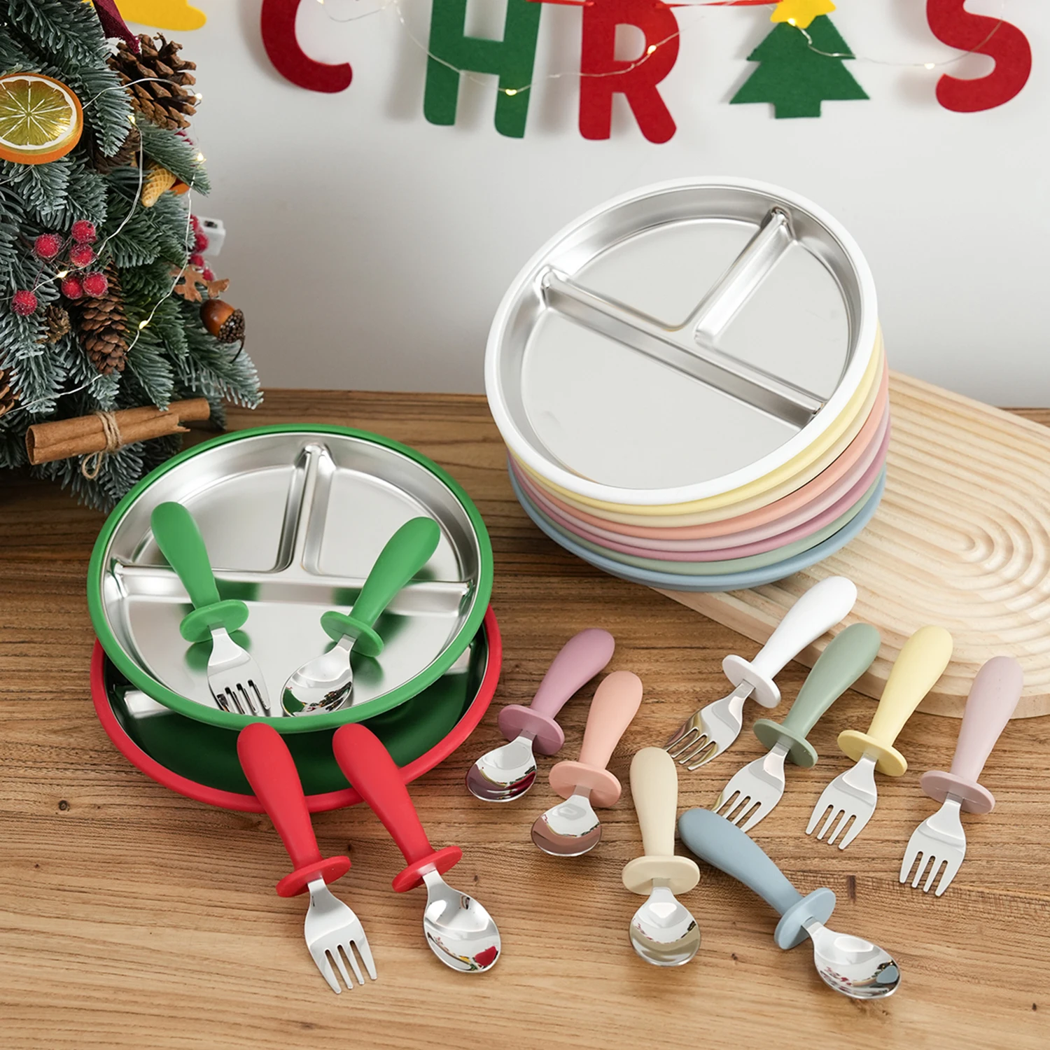 Cokor Kids Juego de cena de acero inoxidable para bebé, 3 piezas, con plato, tenedor, cuchara, plato de alimentación reutilizable, vajilla de destete para entrenamiento de niños pequeños