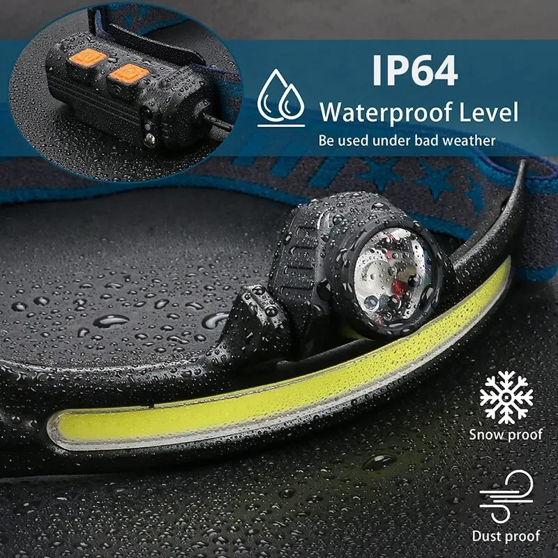 Linterna frontal de inducción recargable por USB, linterna de cabeza LED COB con Zoom, batería integrada, multifunción, 6 modos