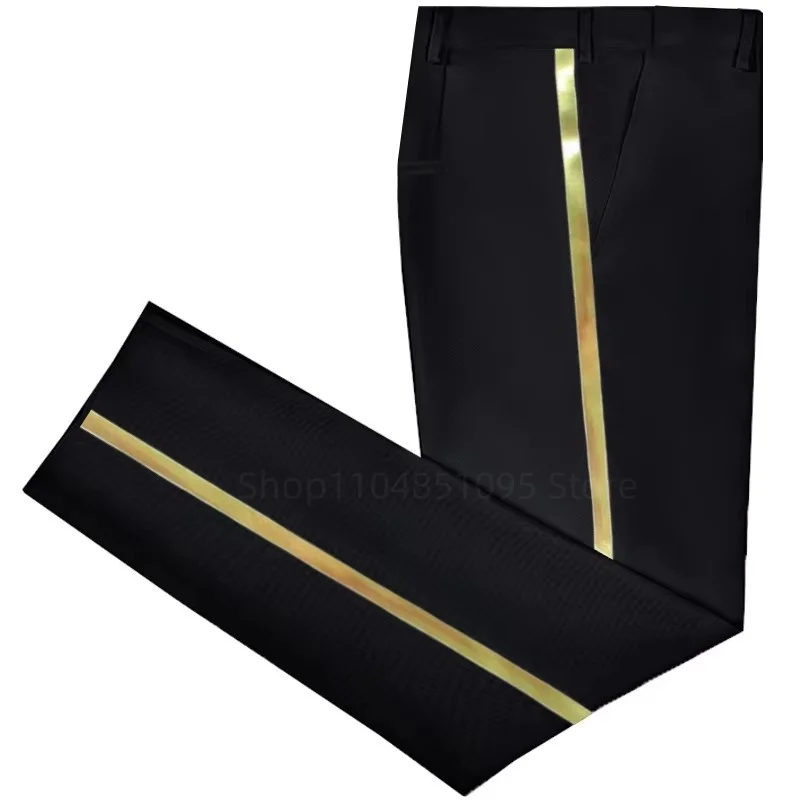 XS-6XL pantalones de traje negros para hombre, pantalones formales informales con ribete de cuero dorado para oficina, pantalones formales rectos elásticos