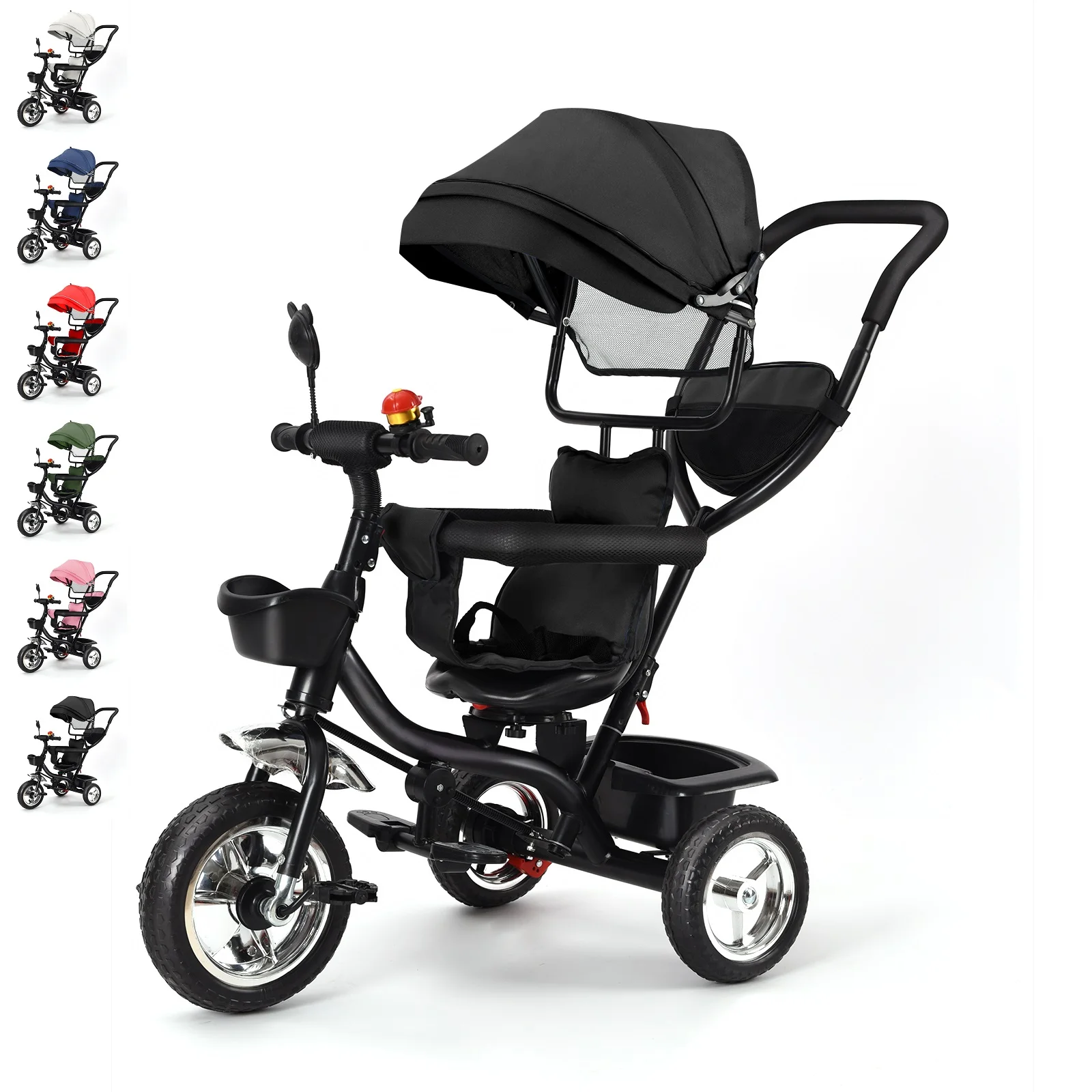 Triciclo escalable para bebés de 1 a 5 años, bicicleta para personas mayores y niños, asiento reversible, cesta y bolsa grandes, ruedas más grandes, con manillar de empuje, verde/rosa/negro/rojo/azul/gris