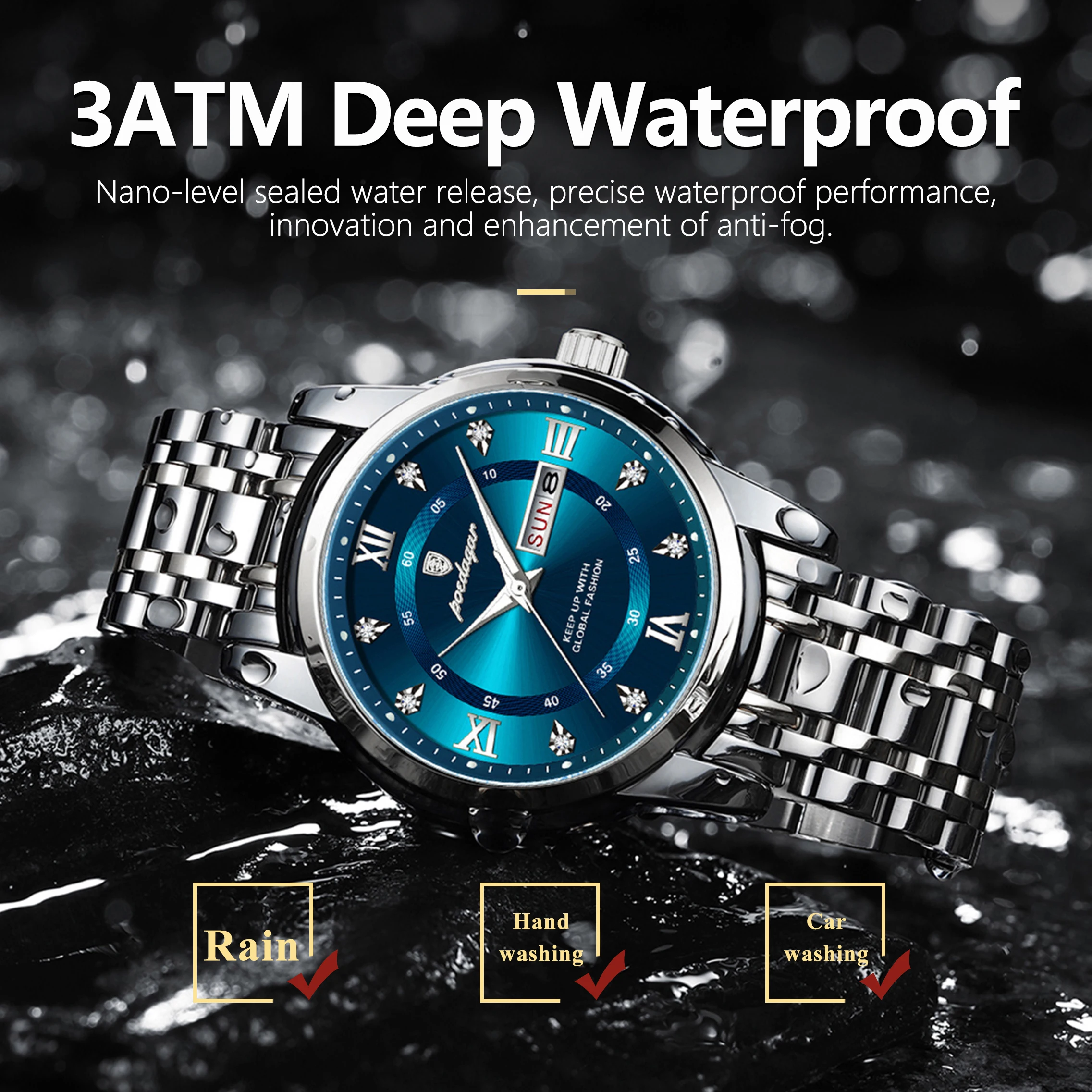 Reloj de pulsera POEDAGAR de lujo a la moda para hombre, Reloj luminoso de acero inoxidable resistente al agua para hombre, relojes de cuarzo a la moda con fecha y semana para hombre