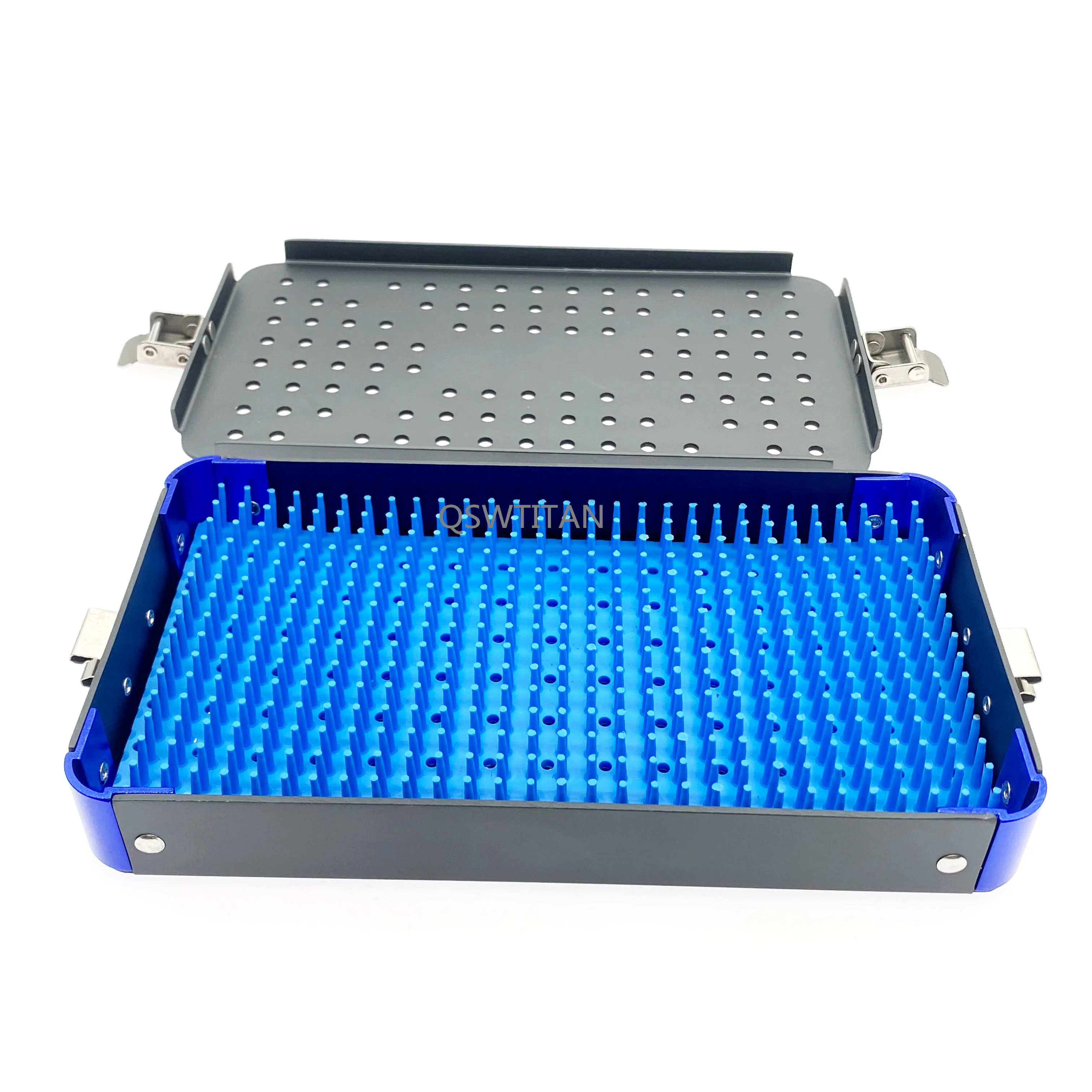 Caja de esterilización, bandeja de esterilización, nivel único con almohadilla de silicona, instrumento quirúrgico Dental de aluminio para ojos