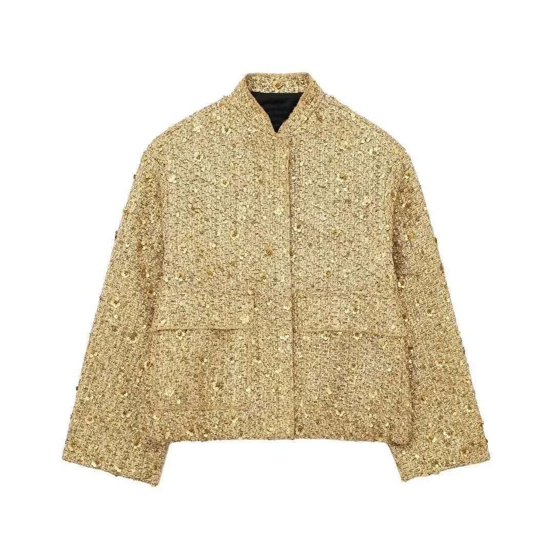 Suninheart, chaqueta Bomber con lentejuelas para mujer, otoño, cuello redondo, manga larga, bolsillo, dobladillo elástico, chaqueta con lentejuelas, abrigo, ropa de abrigo elegante para mujer