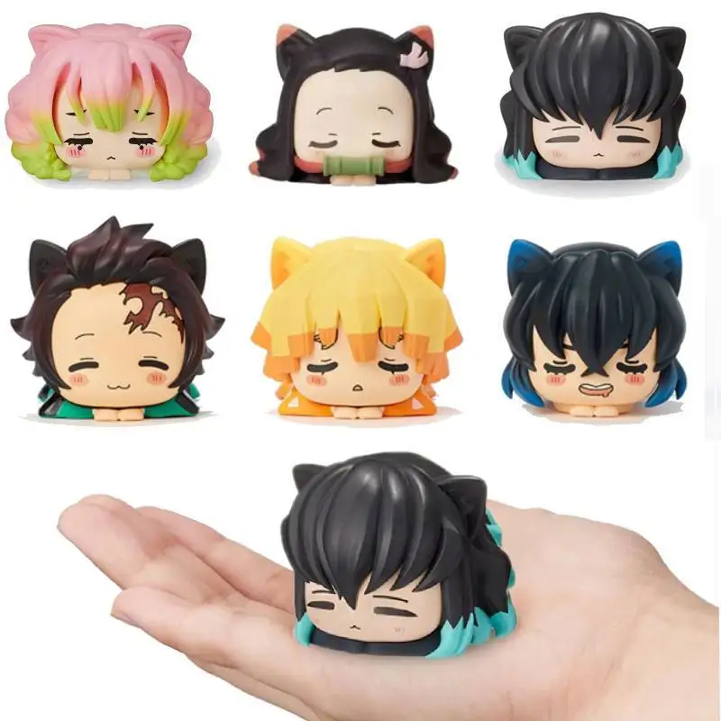 6 unids/set Anime Demon Slayer figura Nezuko Tanjirou Zenitsu Inosuke Mini estatuilla Kawaii oreja de gato figura para dormir PVC modelo muñeca Juguetes