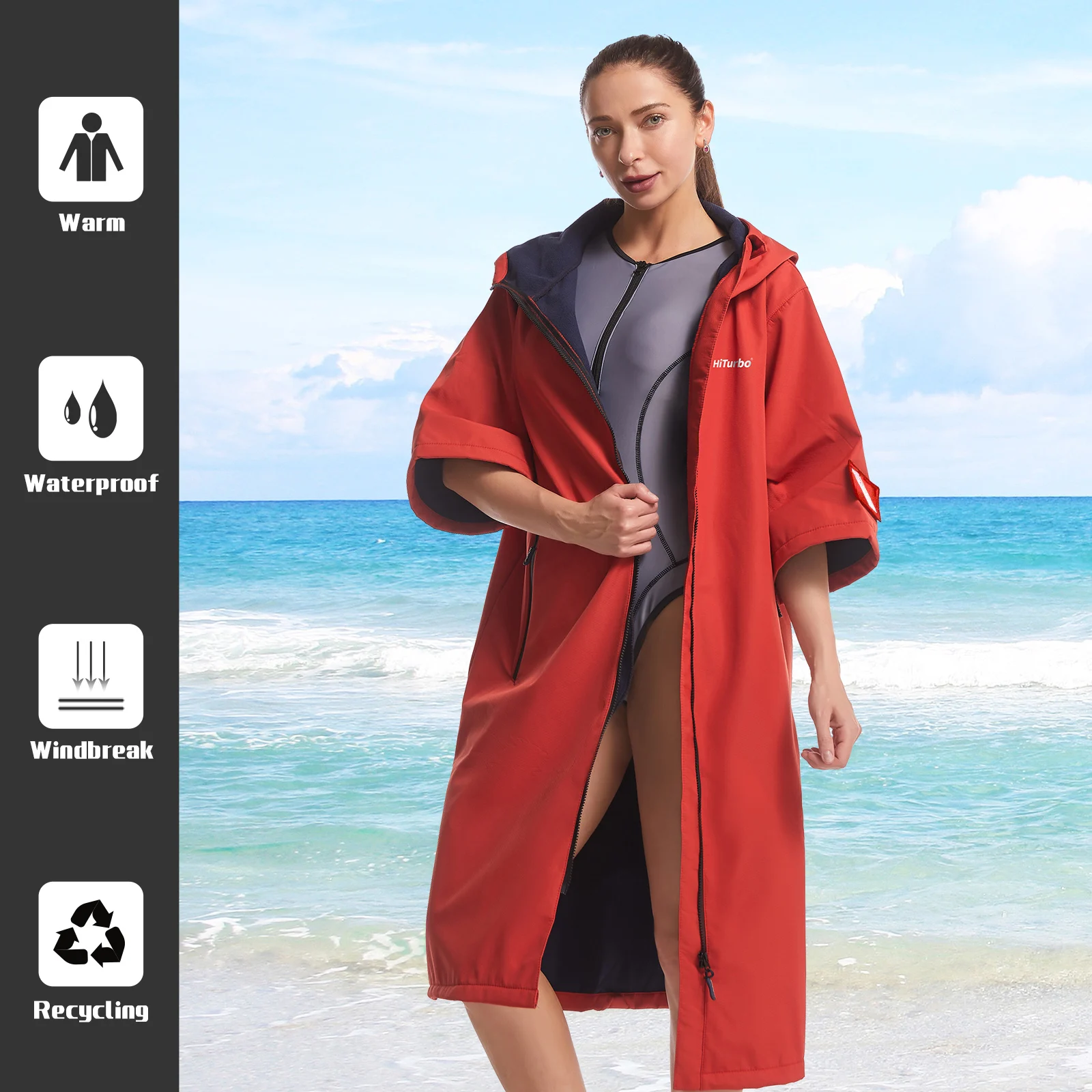 Hiturbo-capa impermeable de manga corta con capucha, capa cambiante a prueba de viento, secado rápido, natación, surf, escalada, capa cálida de secado rápido
