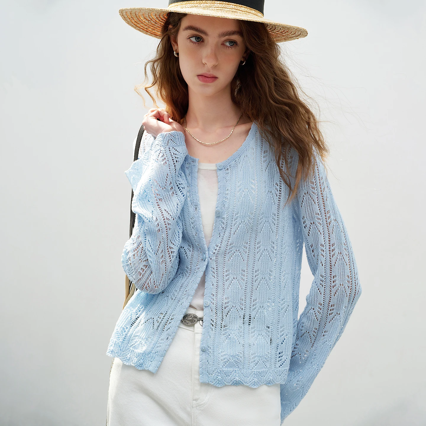Blusa de Punto de Lino Lyocell para Mujer TOYOUTH, Primavera 2026, Nueva, Calada, Vintage, Romántica, con Mangas de Trompeta
