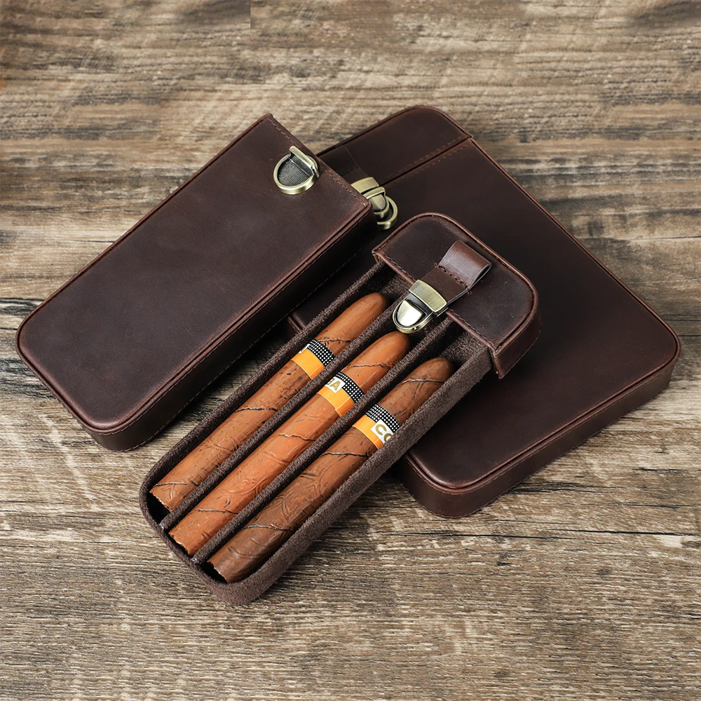 Estuche para cigarros portátil de cuero genuino de lujo, Humidor de viaje, soporte 3/6, bolsa de almacenamiento de cigarros, cuero vacuno Vintage al aire libre
