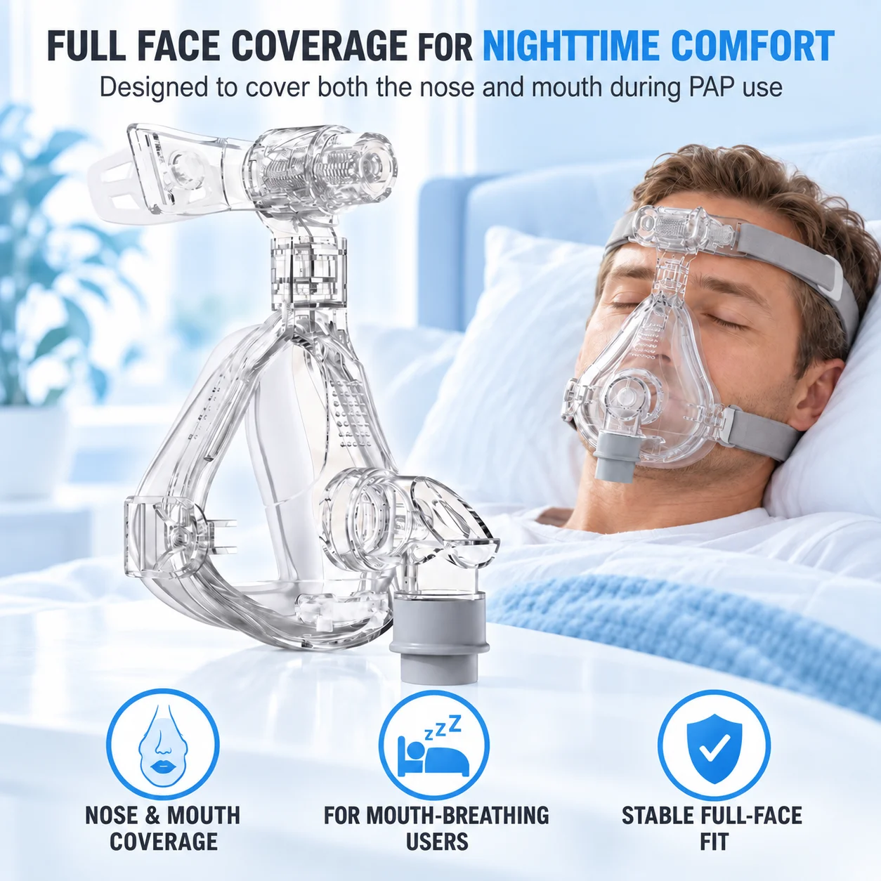 Mascarilla facial completa Resoxy FMI para CPAP, con ajuste en la frente, doble capa, arnés médico de silicona y sistema de liberación rápida, ideal para la apnea del sueño y el ronquido.