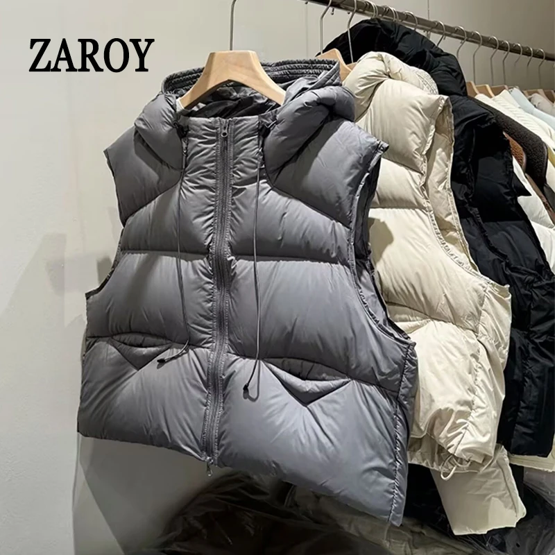 ZAROY, chaquetas y chalecos de otoño e invierno para mujer, chaleco informal con capucha y bolsillos con cremallera, ropa de abrigo, chaqueta sin mangas de algodón, куртка
