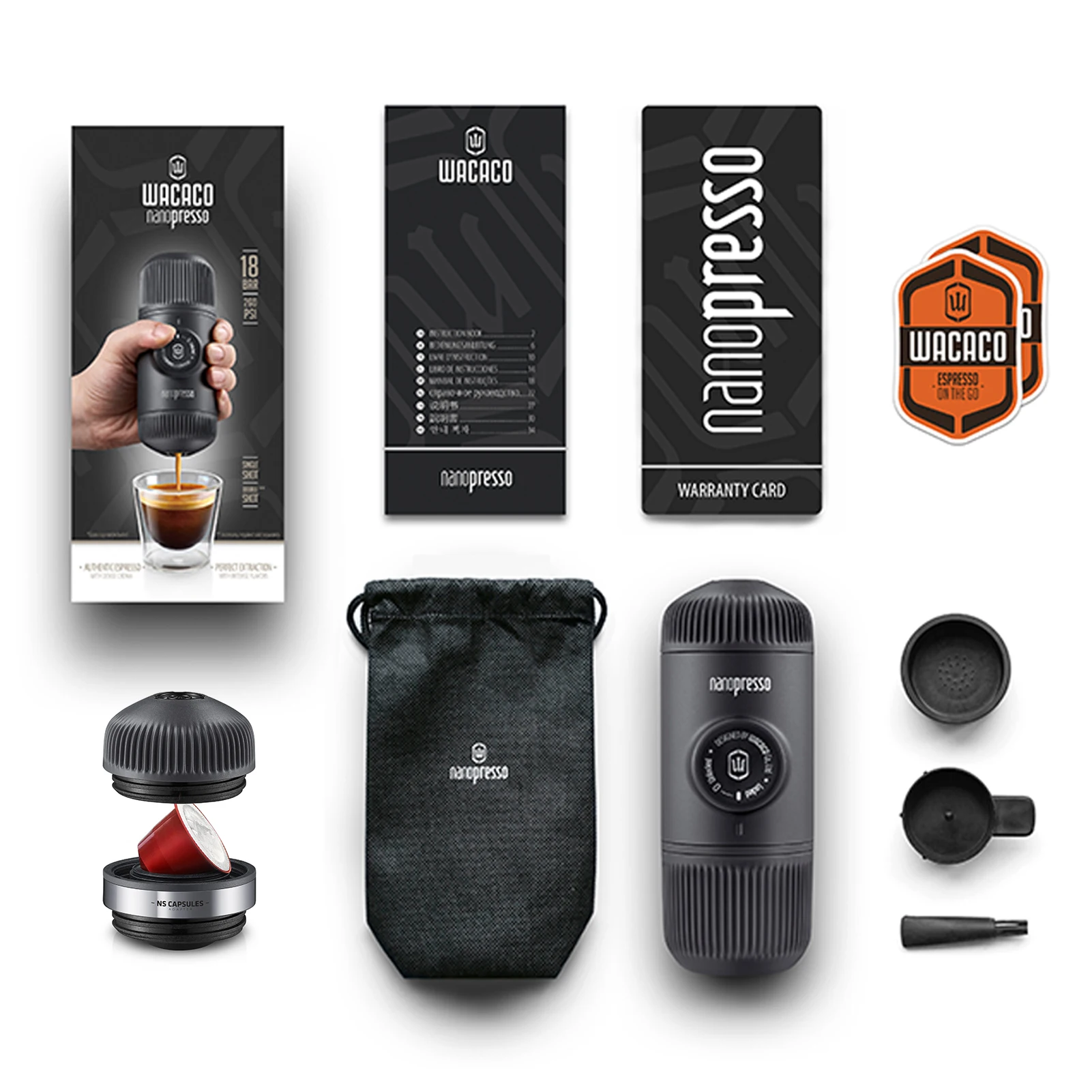 Cafetera exprés portátil Wacaco Nanopresso incluida con adaptador NS, cafetera compacta de viaje, bebidas de café en la marcha