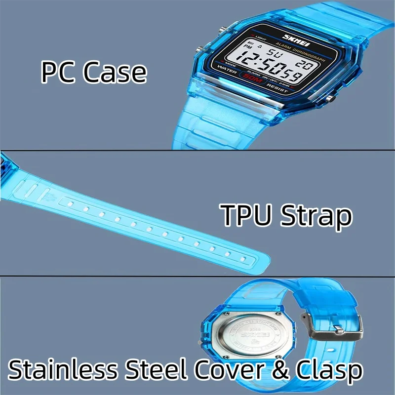 Skmei-relojes digitales para mujer, correa de TPU transparente, Led, resistente al agua, reloj de pulsera deportivo para natación, reloj despertador femenino